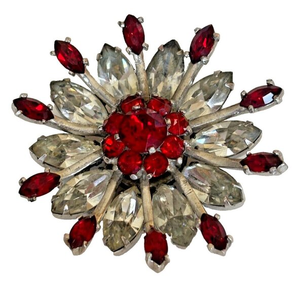 Kramer of New York Jewelry - Kramer of New York Pin Brooch Vintage Jewelry Red Rhinestones Sparkles 2 inch